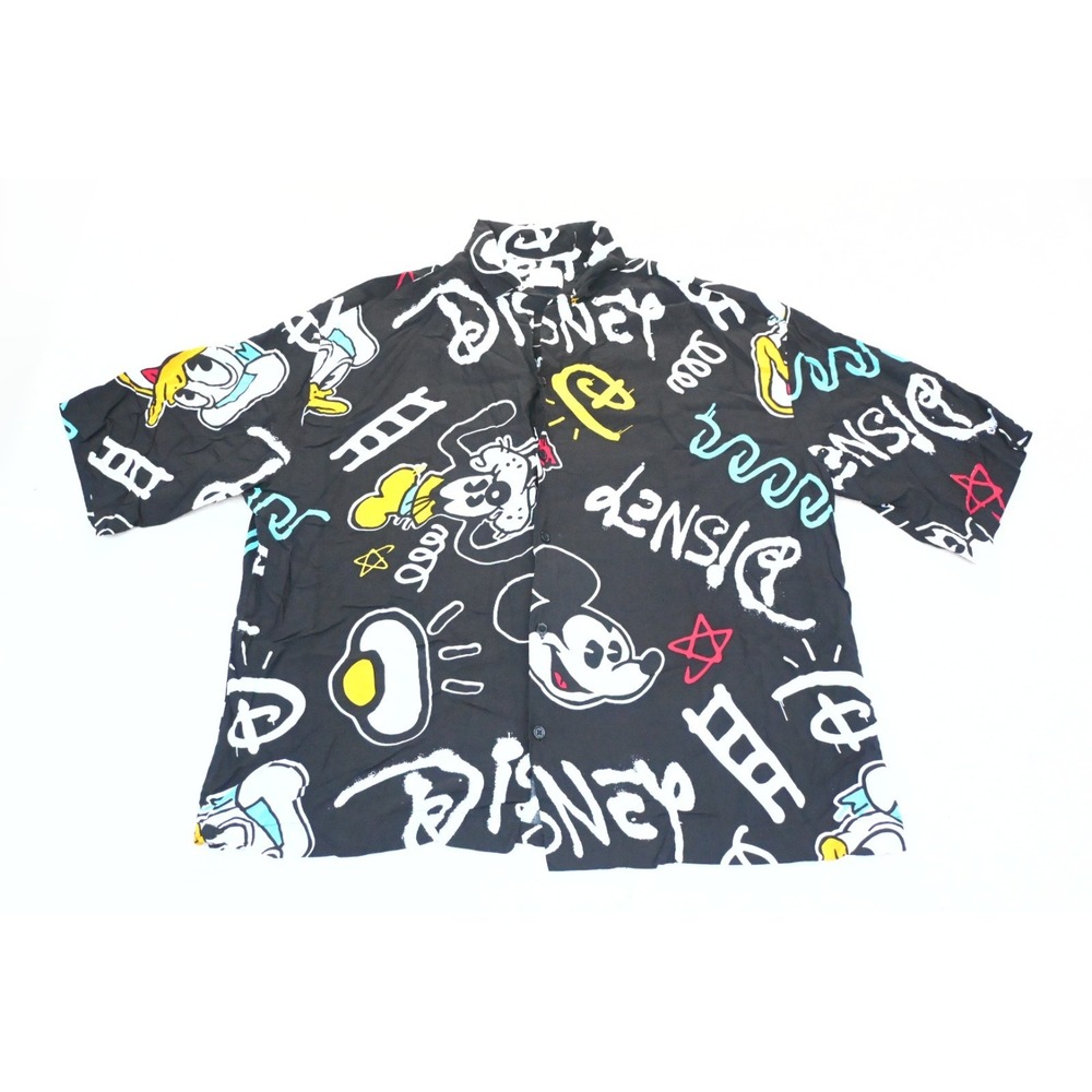 Disney 100 x H and M Unisex XL Black Multi Doodle Print Camp Shirt Mickey Mouse